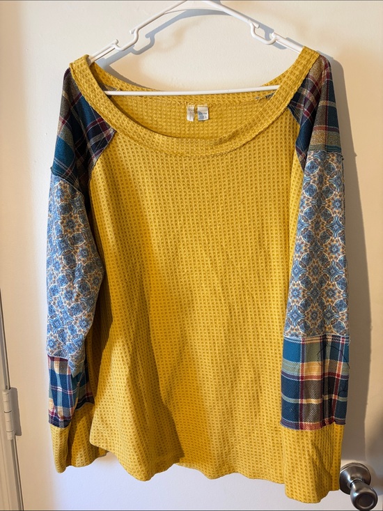 Cato Tops - Cato Mustard Yellow Waffle Knit Patchwork Sleeve Top